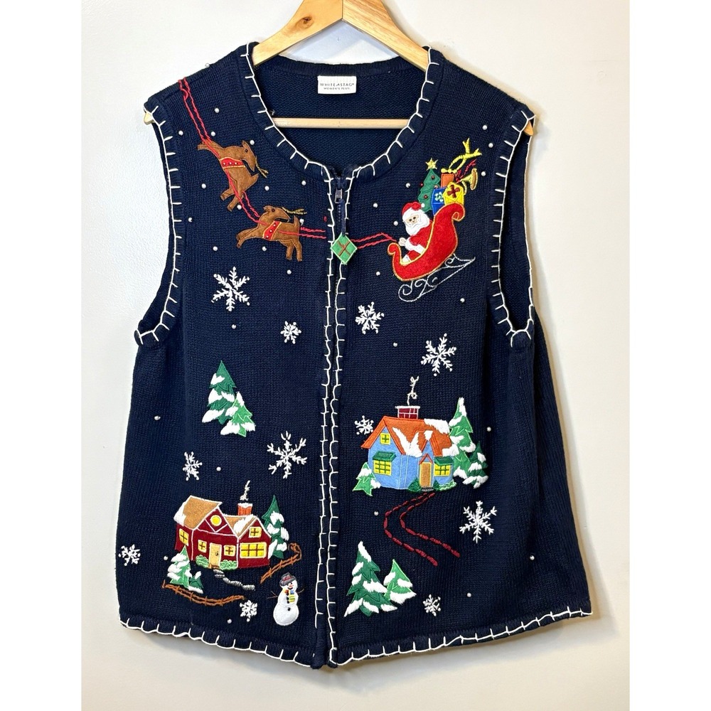 Vintage Blue Knit Christmas Full Zip Sweater Vest Women's L Embroidered Santa
